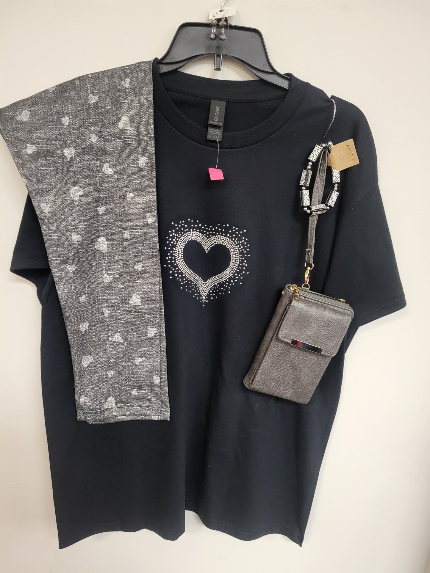 Ash gray textured like with small white hearts Leggings with Pockets